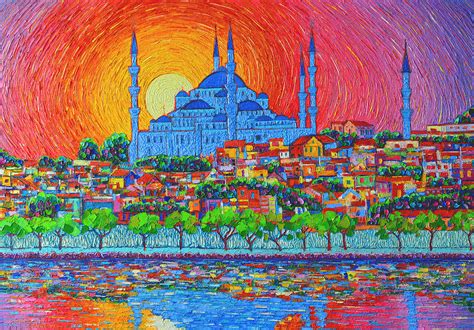 Fiery Sunset Over Blue Mosque Hagia Sophia In Istanbul Turkey Painting ...