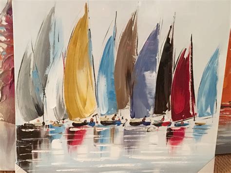 there are many sailboats on the water in this painting, and one is painted with acrylic paint