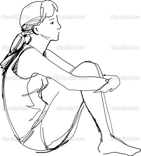 Sketch of a girl sitting hugging her knees — Stock Vector ... en 2019 ...