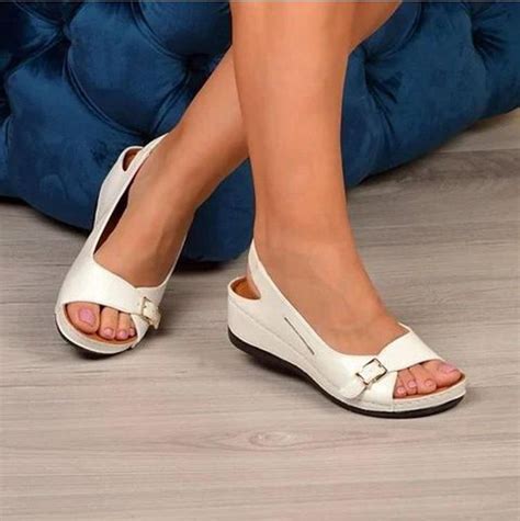 Women's peep toe low wedge slingback sandals | Adjustable buckle arch ...