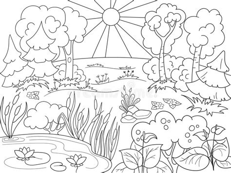 Cartoon Coloring Book Black and White Nature. Glade in the Forest with ...