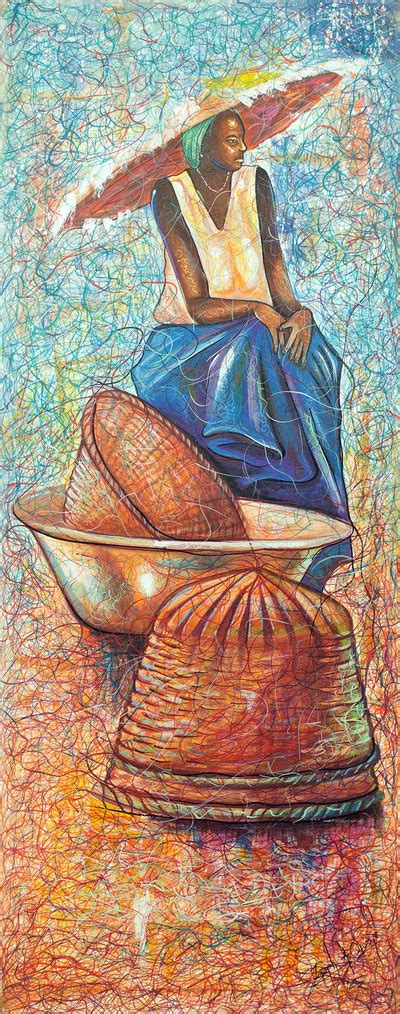 African Contemporary Art Signed Painting from Ghana - Waiting for the Manna | NOVICA