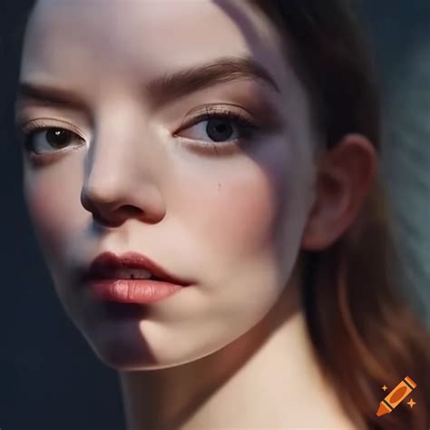 Portrait of anya taylor-joy with pale blue eyes in morning sunlight on Craiyon