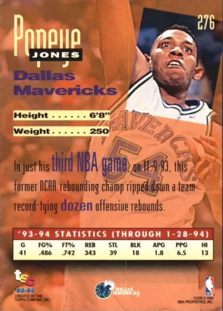 1993-94 STADIUM CLUB Super Teams Finales NBA Carte Basketball #276 Popeye Jones Neuf avec ...