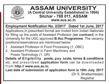 Assam University, Silchar Wanted Assistant Professor - Faculty Teachers