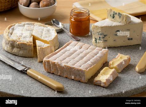 Cheese platter with French cheese, Vieux Pane,Camembert and Cambozola on a cutting board close ...