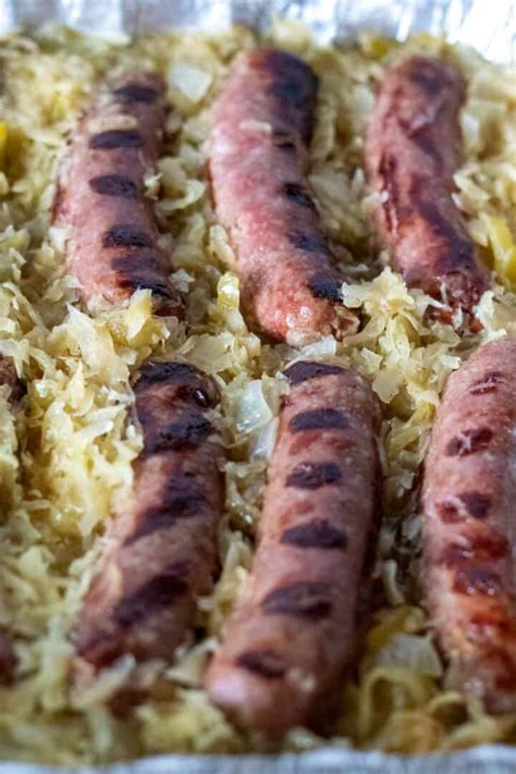 Beer Brats and Sauerkraut {Cooked On the Grill in One Pan}