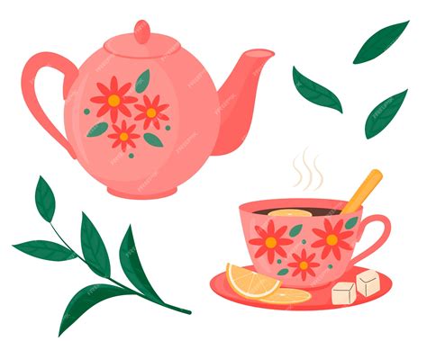 Premium Vector | Tea set - teapot, cup with hot tea, lemonade and sugar ...