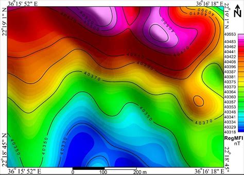 Regional magnetic field intensity (Reg MFI, in nT) image and contour... | Download Scientific ...