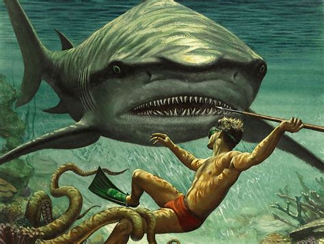 PAINTING SHARK ATTACK OCTOPUS DIVER SPEAR ADVENTURE UNDERWATER ART ...