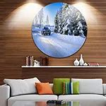 Designart SUV Car Though Snowy Winter Landscape Round Circle Metal Wall Art