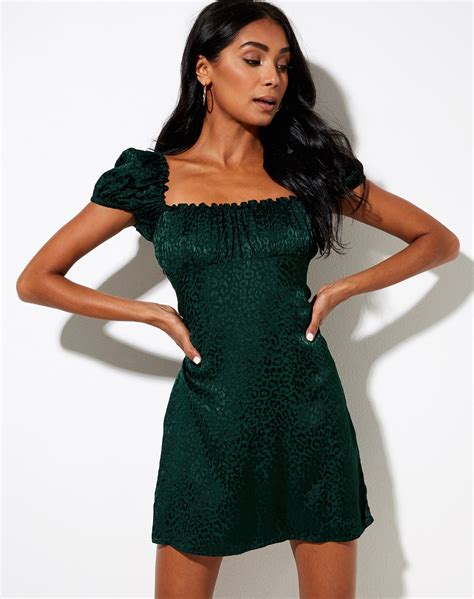 Forest Green Satin Cheetah Mini Dress | Menta – motelrocks.com