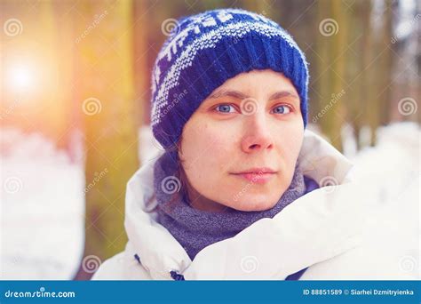 A Beautiful Girl Looks at You on Background of a Winter Forest Stock Image - Image of beauty ...