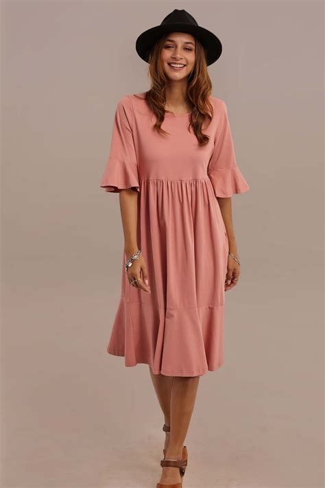 3/4 Length Bell Sleeve Round Neck Summer Midi Mom Dress With Pocket in ...