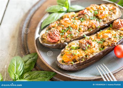 Baked Eggplant. Aubergine Stuffed with Vegetables and Cheese Stock ...