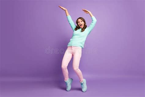 Full Body Photo of Chilling Funny Lady Raise Hands Dancing Youth Modern Moves Crazy Student Wear ...