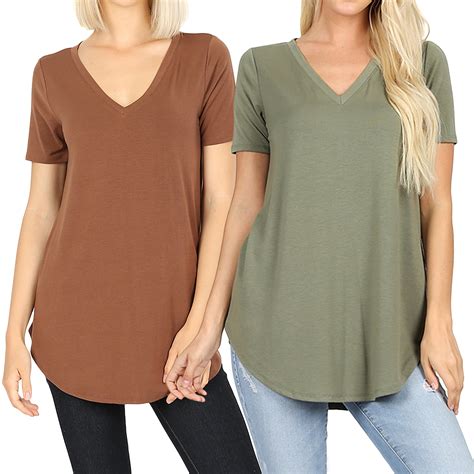 Women Short Sleeve V Neck Round Hem Relaxed Fit Casual Tee Shirt Top ...