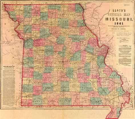 Missouri State 1861 Historic Map by J. T. Lloyd, Reprint
