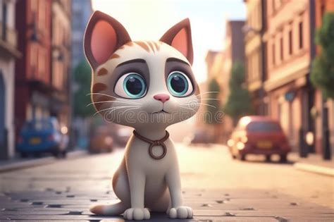 Cute Cartoon Cat with Very Big Eyes and Pitying Gaze in Front of a Big Cartoon City Street ...