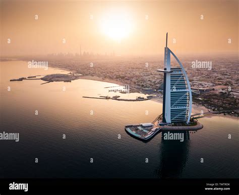 Dubai seaside skyline with luxury hotel aerial view at sunrise Stock ...