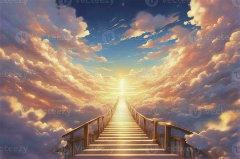 Stairway to Heaven. Stairs in sky. Concept with sun and clouds. Religion background, generative ...