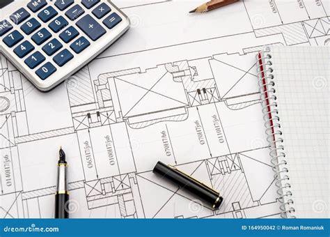 Engineering Drawing Compass Calculator Pen - Close Up Stock Photo ...