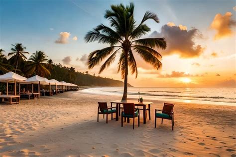 Premium Photo | A table on the beach at sunset