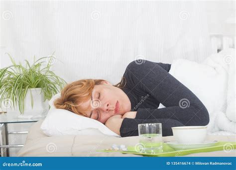 Sick and Tired Young Woman Sleeping in Bed Stock Photo - Image of female, bedding: 135416674