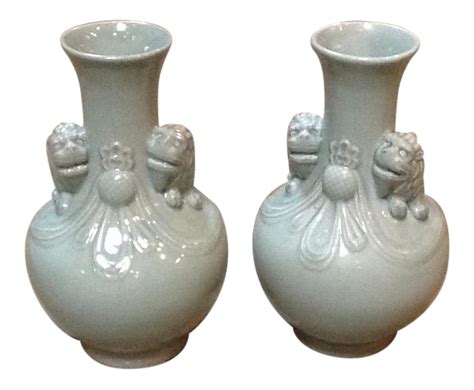 Celadon Green Ceramic Vases - A Pair | Chairish