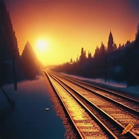 Beautiful sunrise over two train tracks on Craiyon