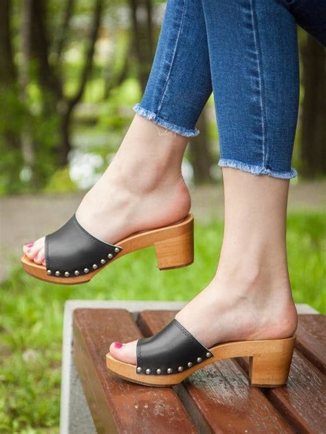 Swedish High Heel Black Clogs for Women Wooden Mules Sandals - Etsy | Leather clog sandals ...