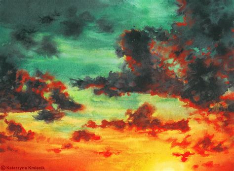 Vibrant watercolor painting of the colorful sunset sky, titled 'Sky No. 7' by Katarzyna Kmiecik ...