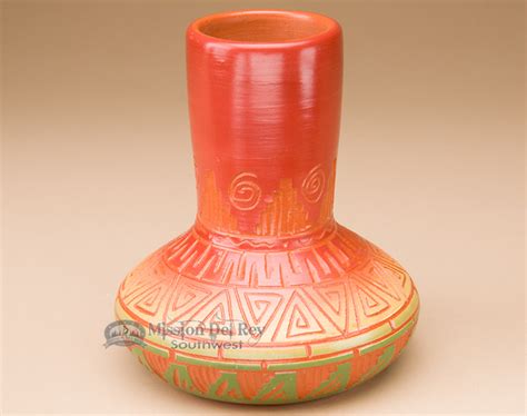 Indian Pottery Etched Clay Pottery Vase 5" -Navajo (p337) - Mission Del Rey Southwest