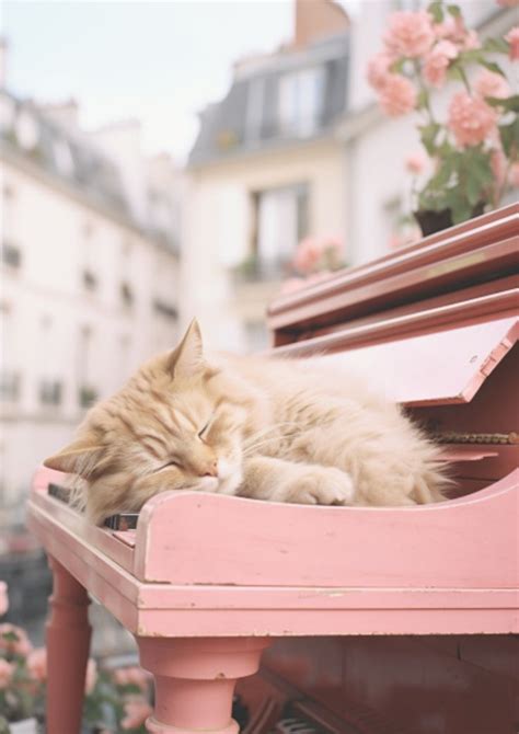 a cat is sleeping on top of a pink piano in front of some flowers and buildings