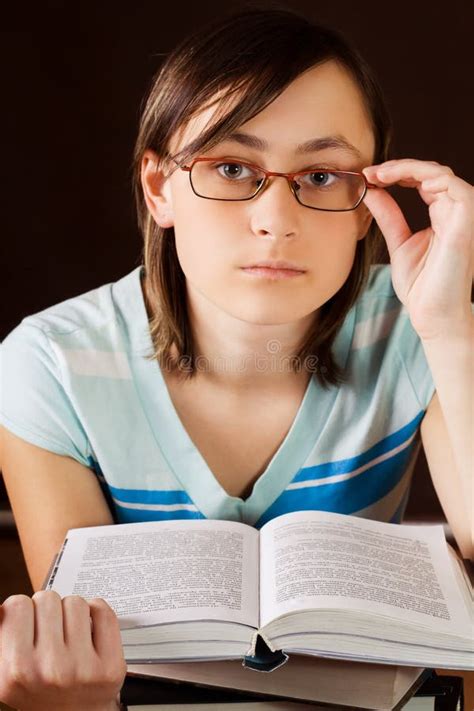 Girl in Glasses in Reading a Book Stock Photo - Image of glasses ...