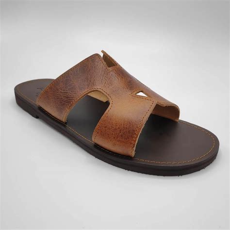 Mens Slides - Hermes Men Leather Slides Leather Sandals | Pagonis Greek Sandals