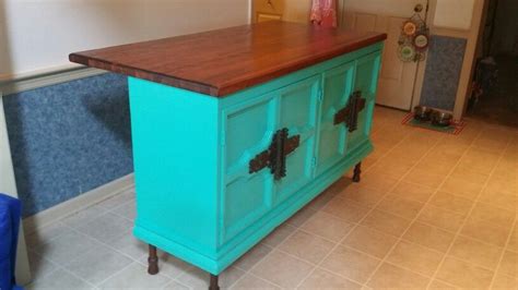 Kitchen island made from an old tv entertainment cabinet and a heavy butcher block top from an ...