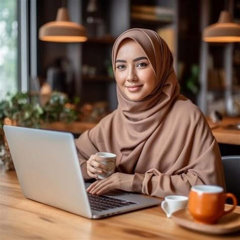 Premium AI Image | A woman sitting at a table with a laptop and coffee mugs on it