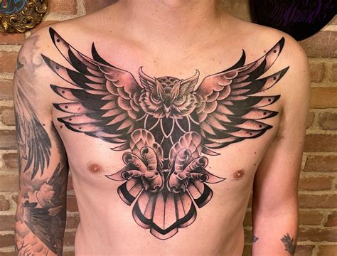 Traditional Owl Chest Tattoo