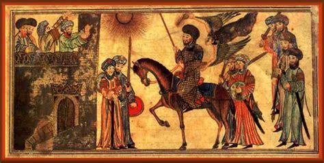 Mohammed (riding the horse) receiving the submission of the Banu Nadir, a Jewish tribe he ...