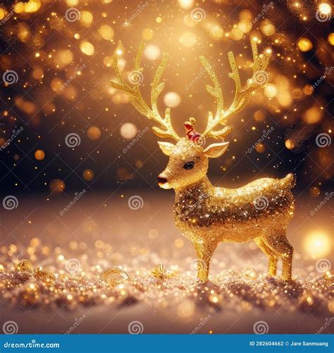 Gold Reindeer and Gold Glitter Particles with Light Bokeh Background ...