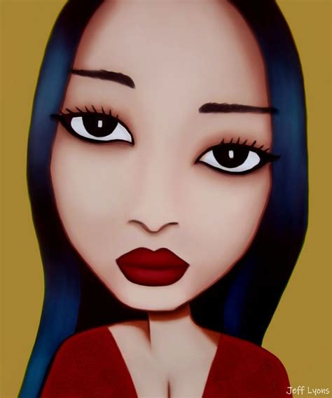 a painting of a woman's face with long black hair and red lipstick on ...