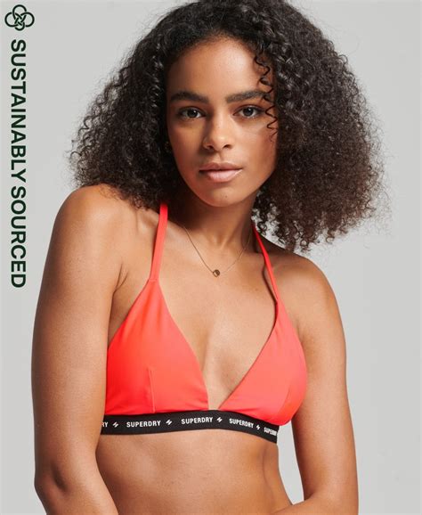 Womens - Micro Logo Elastic Triangle Bikini Top in Hyper Fire Coral | Superdry UK