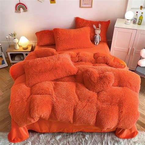 Hug and Snug Fluffy Orange Duvet Cover Set Bedding Roomie Design Single Flat Sheet 4 Piece Set ...