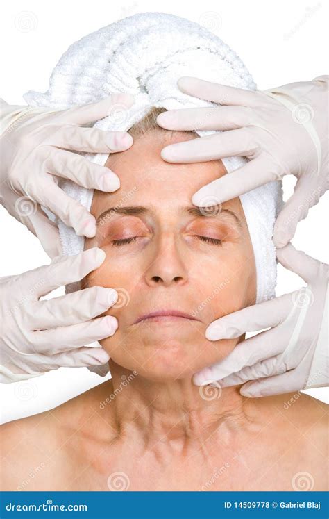 Senior Woman Face in Rubber Gloves Hands Stock Photo - Image of gloves, cosmetic: 14509778