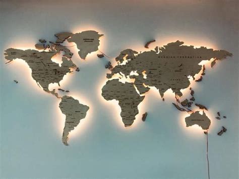 Light Wood World Map Wall Art LED Decor