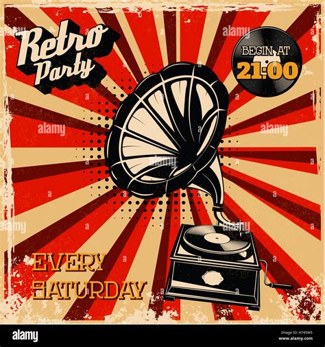Retro party vintage poster template. Vintage style gramophone on grunge background. Design ...