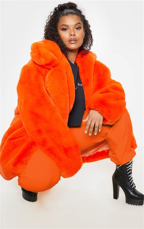 Plus Orange Faux Fur Oversized Collar Coat | PrettyLittleThing KSA