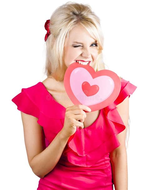 Cute Woman Biting Big Red Love Heart Stock Photo - Image of close, blue: 269741826
