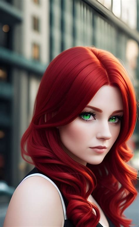 a woman with long red hair and green eyes
